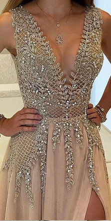 A-Line V-Neck Sleeveless Charming Tulle Side Split Beaded Backless Prom Dresses, 220043