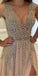 A-Line V-Neck Sleeveless Charming Tulle Side Split Beaded Backless Prom Dresses, 220043