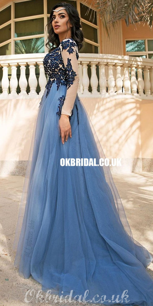 Charming Long Sleeves A-line Tulle Floor-length Applique Prom Dresses, FC4328