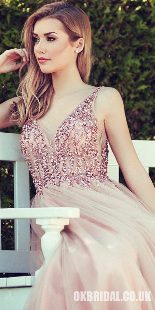 Charming A-Line Tulle Sleeveless V-Neck Beaded Prom Dress, FC433