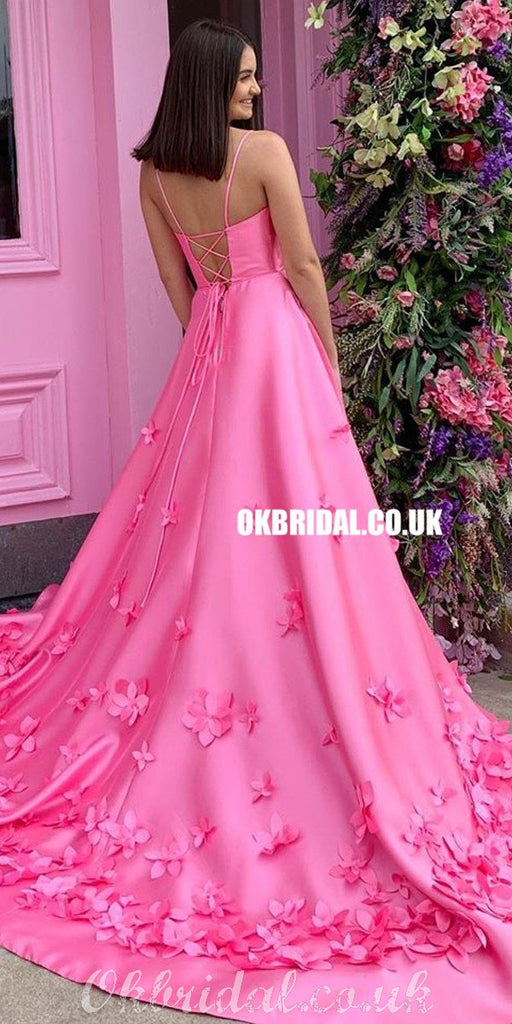 Gorgeous Spaghetti Straps Satin A-line Backless Applique Prom Dresses, FC4341