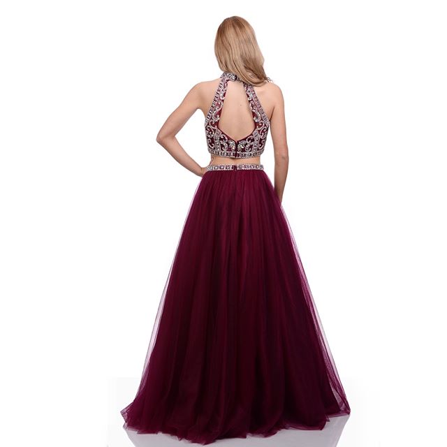 Elegant Two Pieces Open-Back Tulle A-Line Beaded Prom Dress, FC435