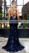 Charming Lace Prom Dress, Navy Backless Mermaid Dress, KX437