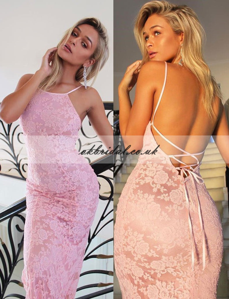 Sexy Backless Mermaid Prom Dresses, Pink Lace Spaghetti Straps Prom Dresses, KX452