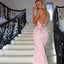 Sexy Backless Mermaid Prom Dresses, Pink Lace Spaghetti Straps Prom Dresses, KX452