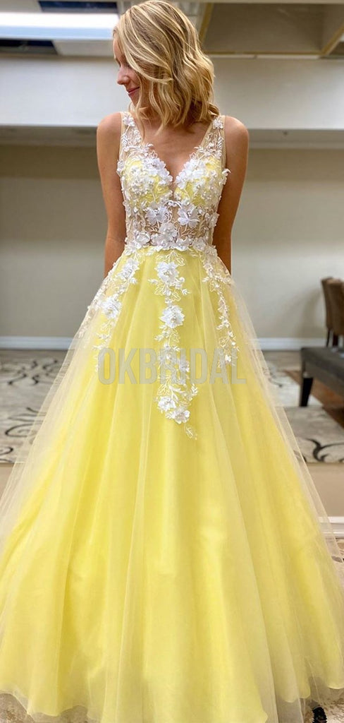 Gorgeous Different Color A-line Tulle Sleeveless V-neck Long Lace Prom Dress, FC4531