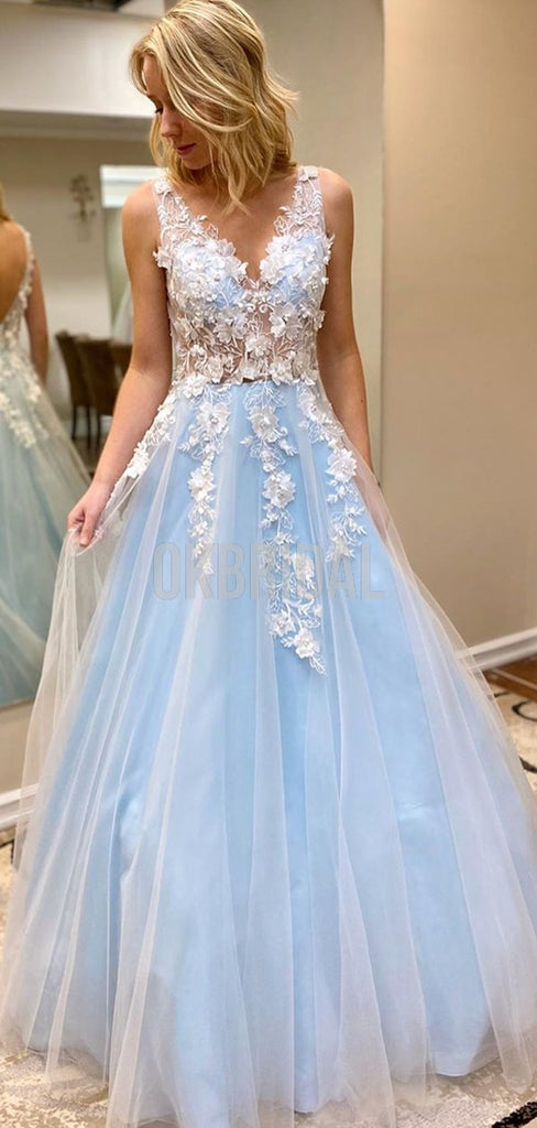 Gorgeous Different Color A-line Tulle Sleeveless V-neck Long Lace Prom Dress, FC4531