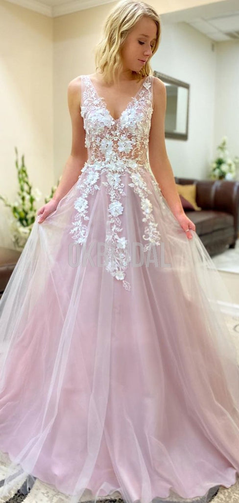 Gorgeous Different Color A-line Tulle Sleeveless V-neck Long Lace Prom Dress, FC4531