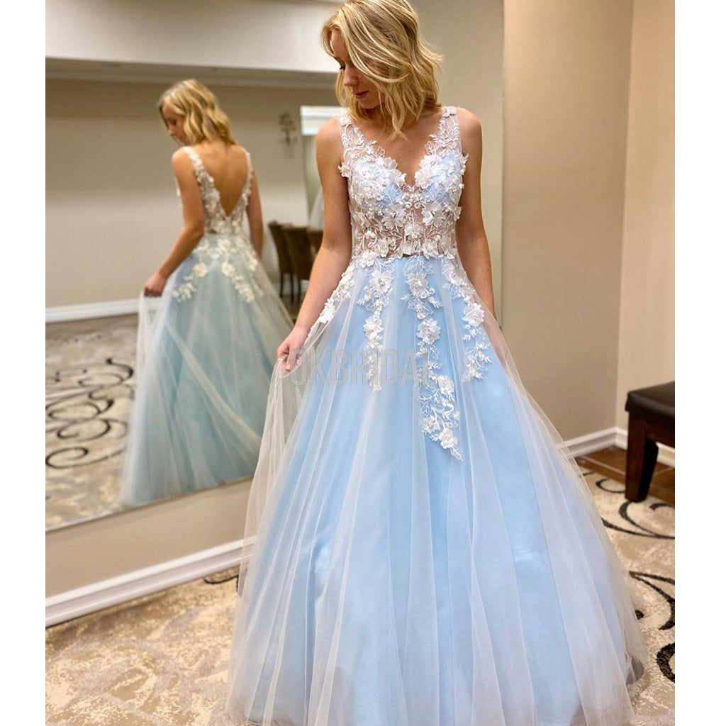 Gorgeous Different Color A-line Tulle Sleeveless V-neck Long Lace Prom Dress, FC4531