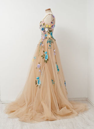 Tulle Prom Dresses, A-Line Applique Evening Dresses, LB0456