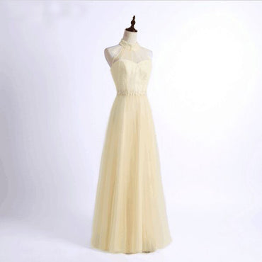 Simple Design A-Line Tulle Halter Beaded Floor-Length Sleeveless Bridesmaid Dresses,220046