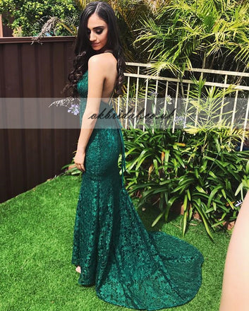 Green Charming Lace Beaded Backless Prom Dress, Mermaid V-Neck Prom Dress, KX471