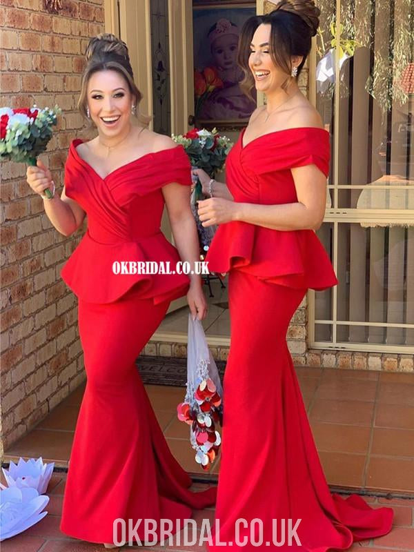 Red Off Shoulder Mermaid Jersey Simple Bridesmaid Dress, FC4570