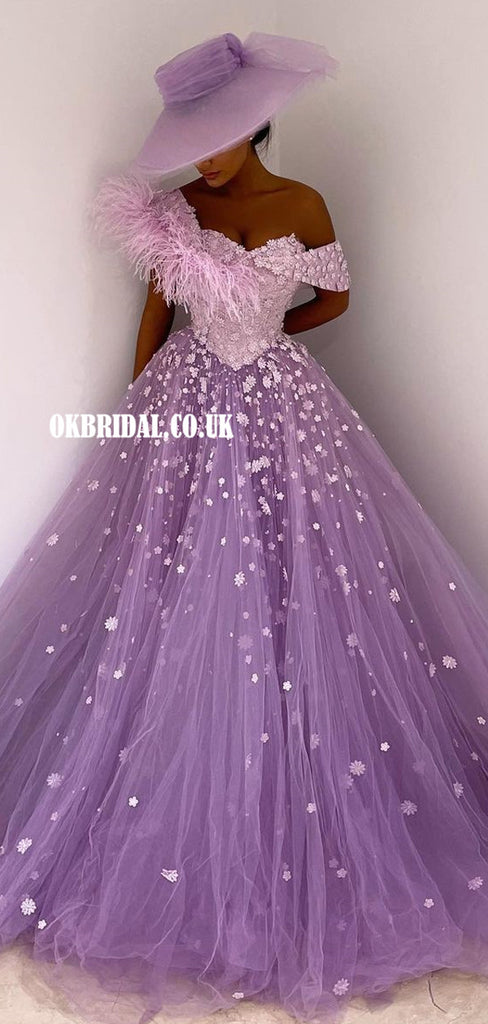 Off Shoulder Unique Tulle A-line Appliques Long Prom Dresses, FC4778