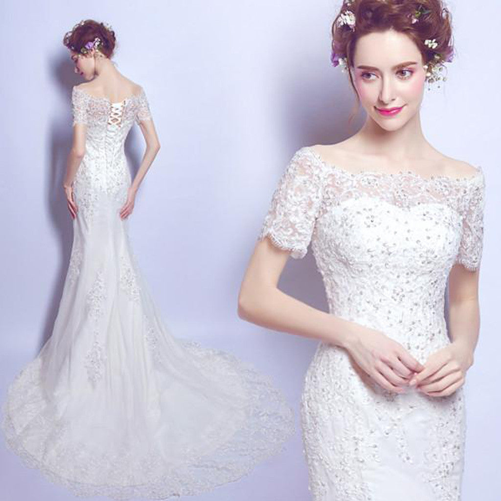 New Arrival Lace Applique Elegant Simple Design Mermaid Wedding Dress with Short Train,220006