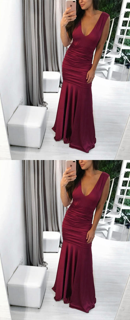 Simple Pleated Mermaid Sleeveless V-Neck Elastic Satin Prom Dress, FC505