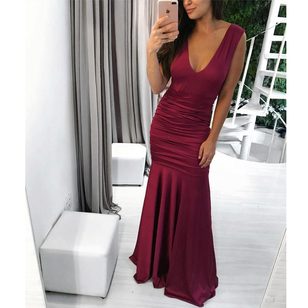 Simple Pleated Mermaid Sleeveless V-Neck Elastic Satin Prom Dress, FC505