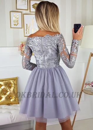 Off the Shoulder Tulle Homecoming Dress, Lace Knee-Length Long Sleeve Homecoming Dress, KX51