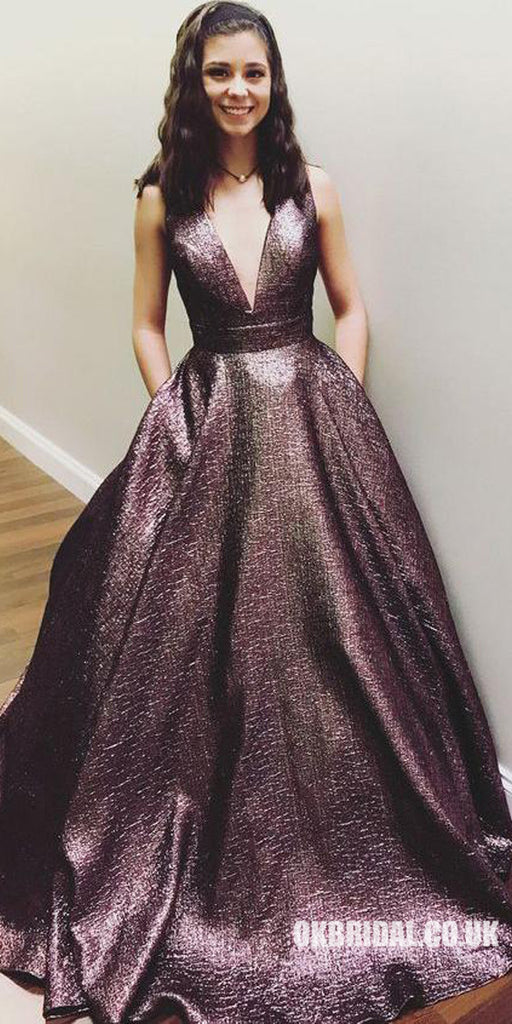 Unique Deep V-Neck Prom Dresses, Charming A-Line Backless Prom Dresses, KX530