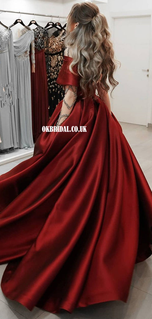 Simple Satin A-line Off Shoulder Slit Long Prom Dress , FC5342