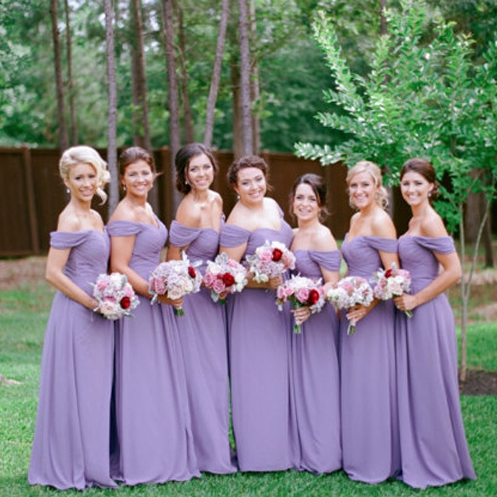 Long Chiffon Bridesmaid Dress, Purple Off-Shoulder Bridesmaid Dress, Cheap Floor-Length Bridesmaid Dress, LB0539