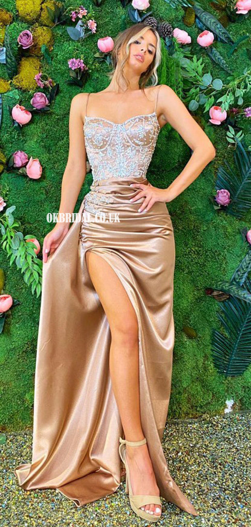 Stunning Mermaid Spagetth Staps Sexy Slit Lace Prom Dresses, FC5791