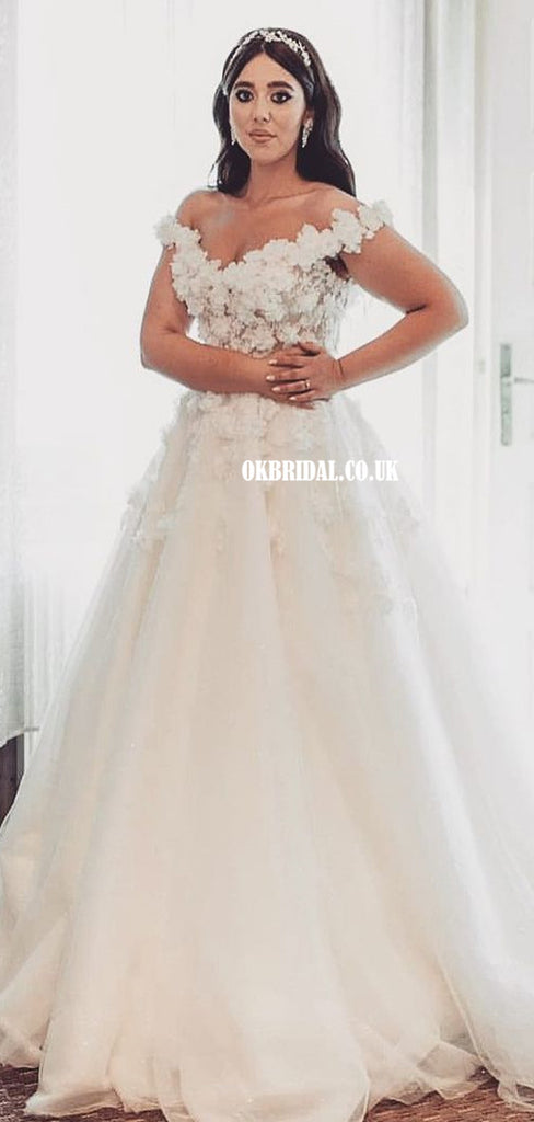 Elegant Lace Off Shoulder A-line Lace Appliques Wedding Dresses, FC5808