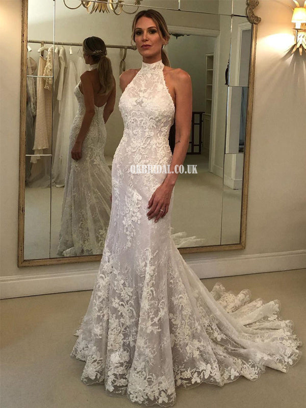 Elegant Lace Halter Backless Mermaid Long Wedding Dresses, FC5863