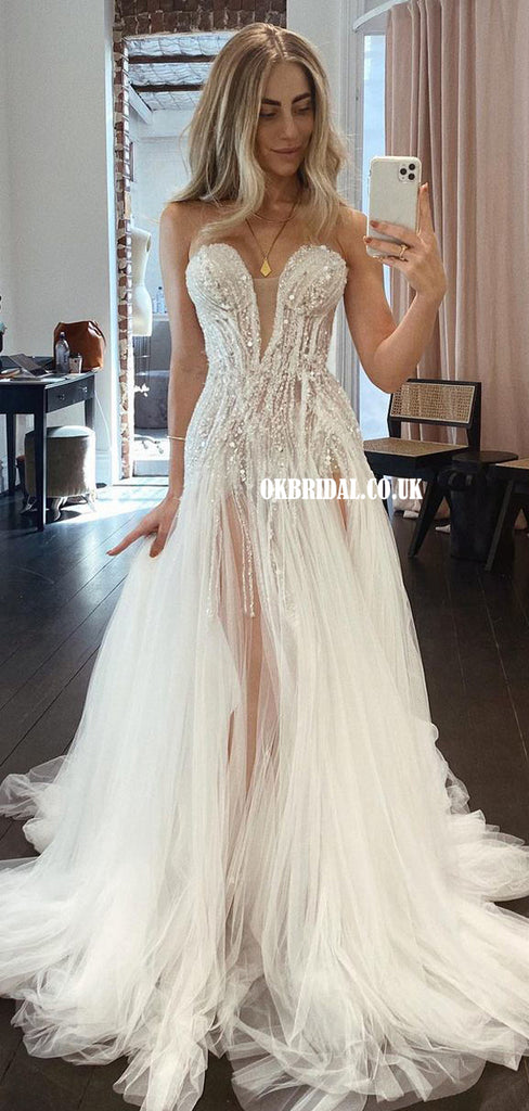 Unique Sweetheart A-line Tulle Beaded Sexy Slit Wedding Dresses, FC5878