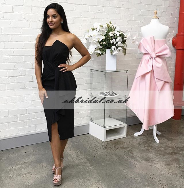 Charming Black Slit Bridesmaid Dress, Cheap Backless Pleated Bridesmaid Dress, KX591