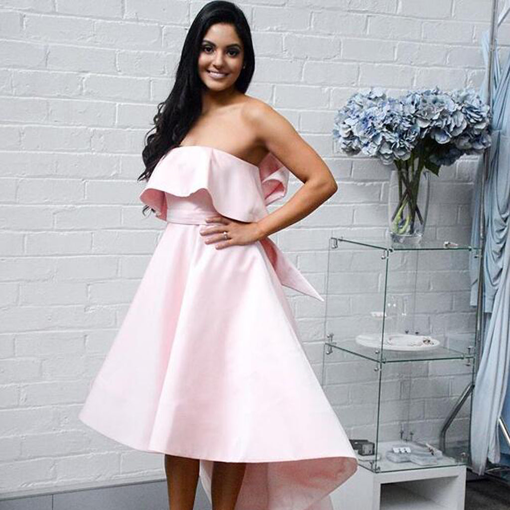 Pink Off the Shoulder Prom Dress with Bow-Knot, High-Low A-Line Satin Prom Dress, KX593