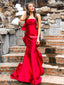 Stunning Straight Neck Mermaid Red Satin Long Prom Dresses, FC5949