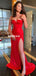 Red Mermaid Spaghetti Straps Sweetheart Sexy Slit Prom Dresses, FC5979