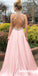 Pink A-Line Satin Prom Dresses, Beaded Backless Vintage Prom Dresses, KX599