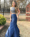 Two Pieces Mermaid Beaded Backless Satin Sleeveless Cheap Prom Dress, FC605