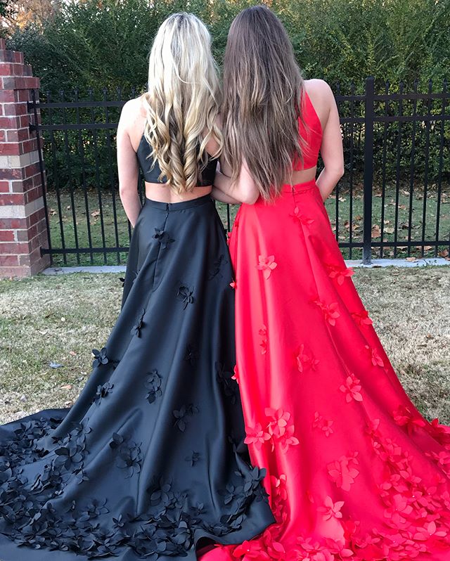 Black and Red A-Line Satin Sleeveless Applique Long Prom Dress, FC609