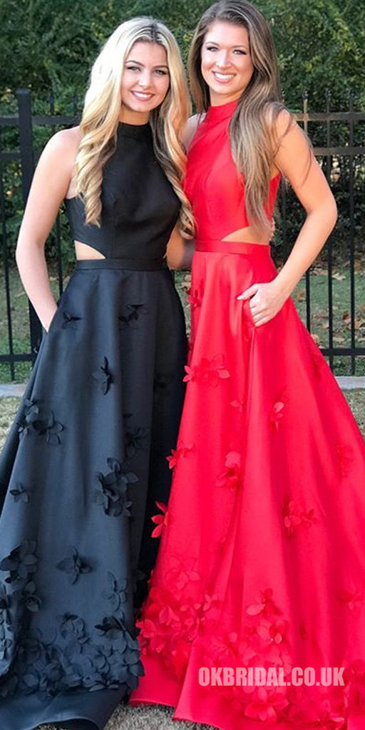 Black and Red A-Line Satin Sleeveless Applique Long Prom Dress, FC609