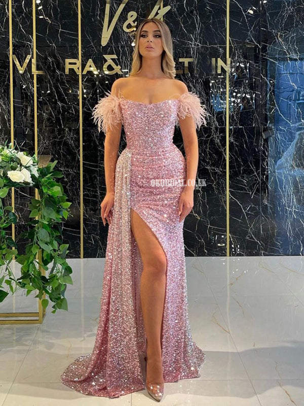 Off Shoulder Mermaid Pink Sequin High Slit Prom Dresses, FC6237