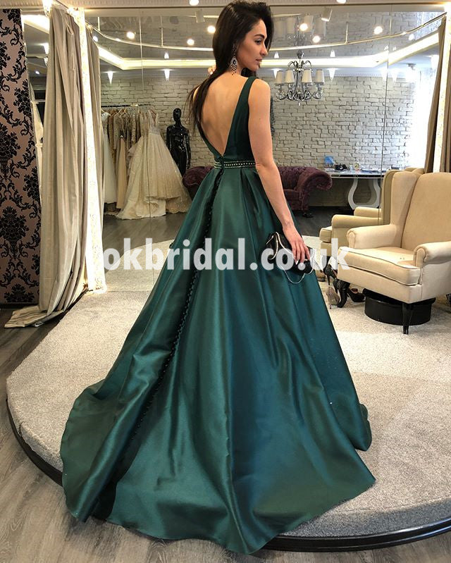 Charming Satin A-Line Prom Dresses, Beaded Sexy V-Back Prom Dresses, KX635