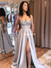 Charming A-line Satin Sexy Side Slit Sequin Prom Dresses, FC6476