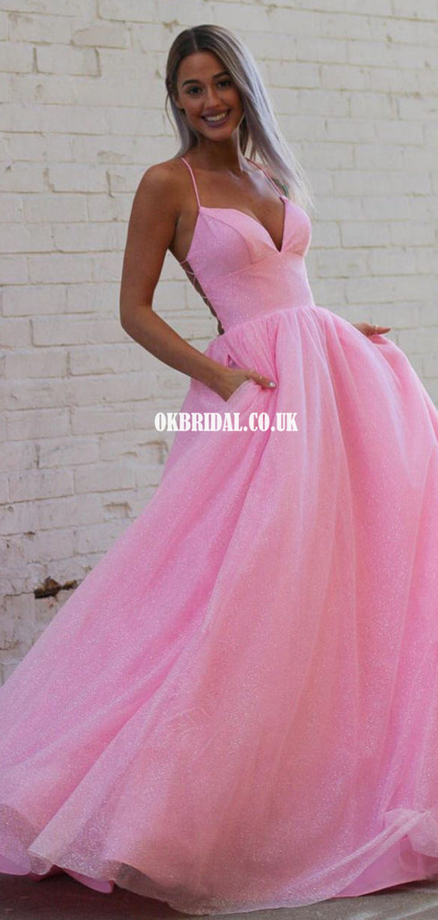 Pink Sparkle Spaghetti Straps A-line Backless Prom Dresses, FC6491