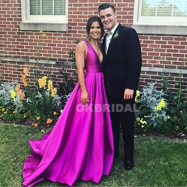 Satin V-Neck Prom Dresses,  A-Line Backless Prom Dress with Bow-Knot, KX668