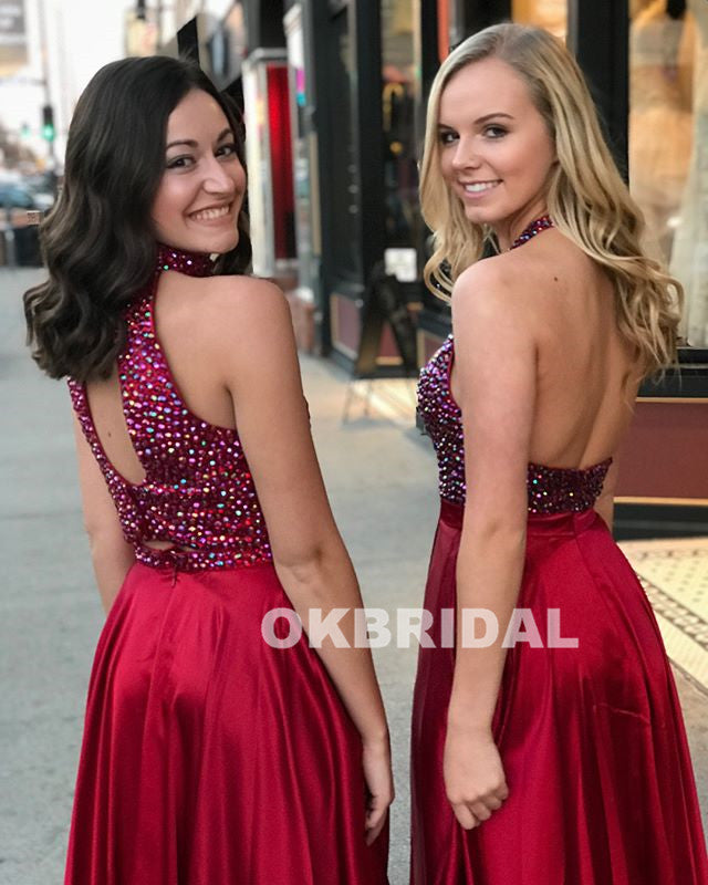 Beaded Top A-Line Prom Dresses, Red Satin Backless Prom Dress, KX669