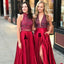 Beaded Top A-Line Prom Dresses, Red Satin Backless Prom Dress, KX669