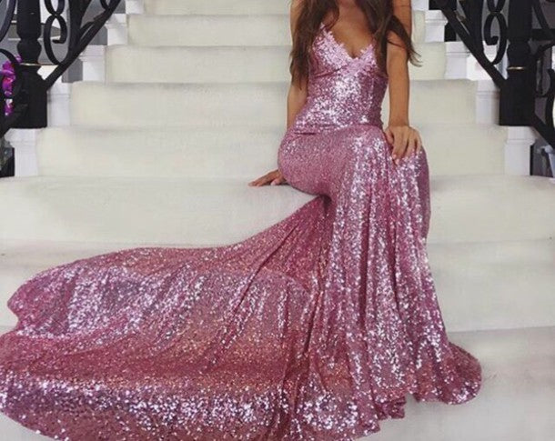 Long Spaghetti Straps Prom Dress, Sequin Mermaid Prom Dress, Sexy Prom Dress, Backless Prom Dress, V-Neck Party Dresses, Evening Dresses, LB0681