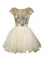 Gold sequin short sleeve Tulle homecoming prom dresses, cocktail dress, CM0012