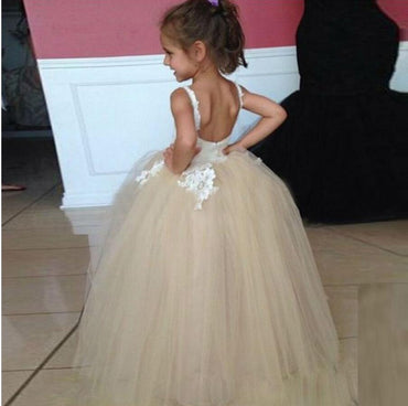 Tulle Applique Spaghetti Straps Backless Flower Girl Dresses, Lovely Tutu Dresses, FGS007
