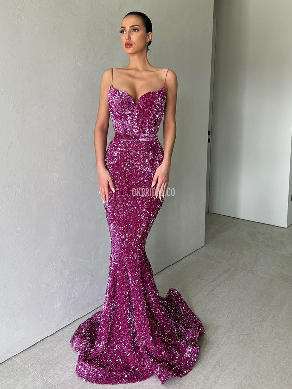 Spaghetti Straps Mermaid Backless Sequin Sparkle Long Prom Dresses, FC7011