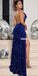 Royal Blue Mermaid Sequin Backless Spaghetti Straps Prom Dresses, FC7021