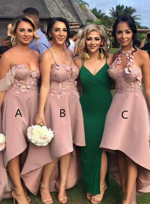 Charming High-Low Applique Long Bridesmaid Dresses, A-Line Satin Mismatched Birdesmaid Dresses, KX702